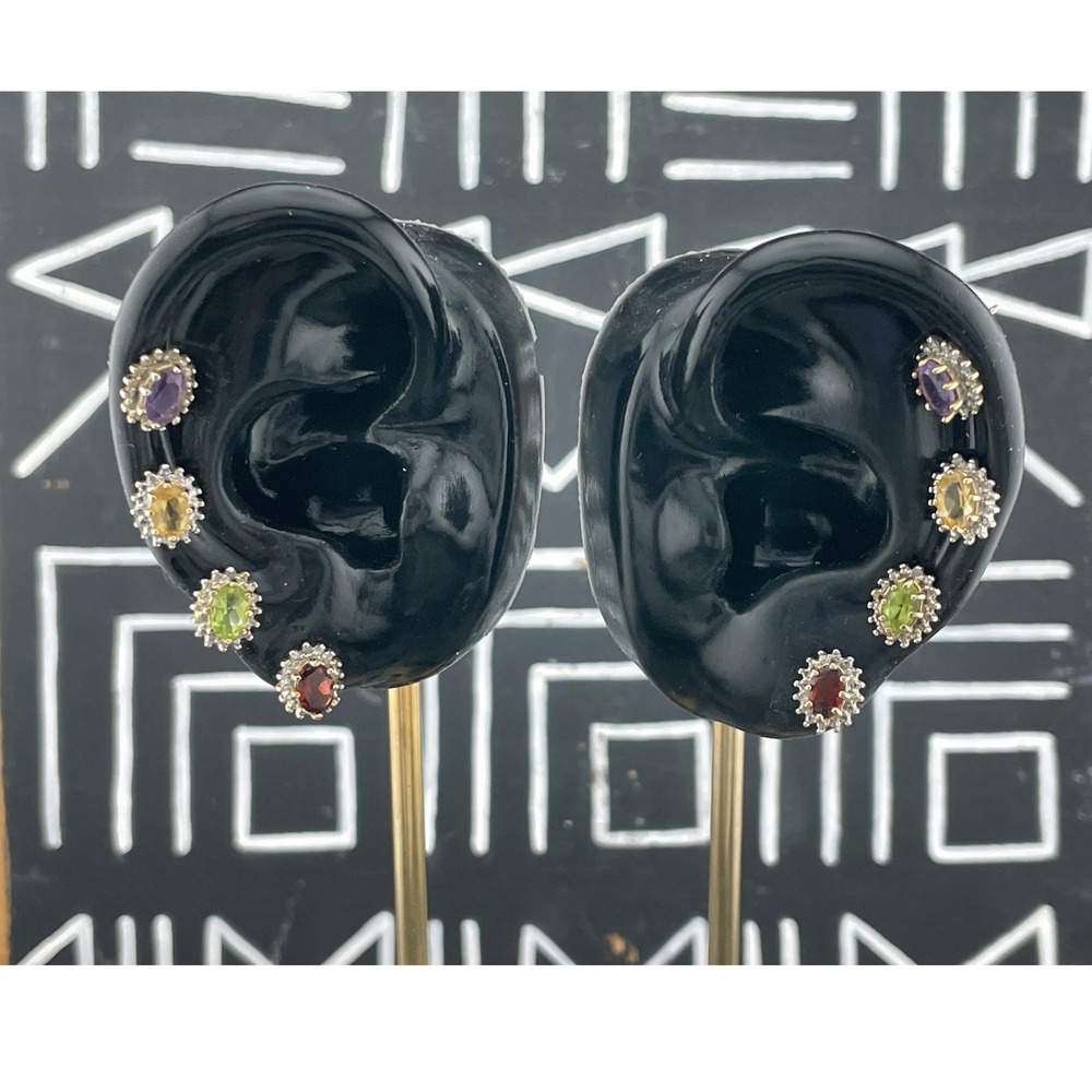 Vintage Sterling Vermeil Gem Stud Earring 4 Pair Amethyst Citrine Garnet Peridot